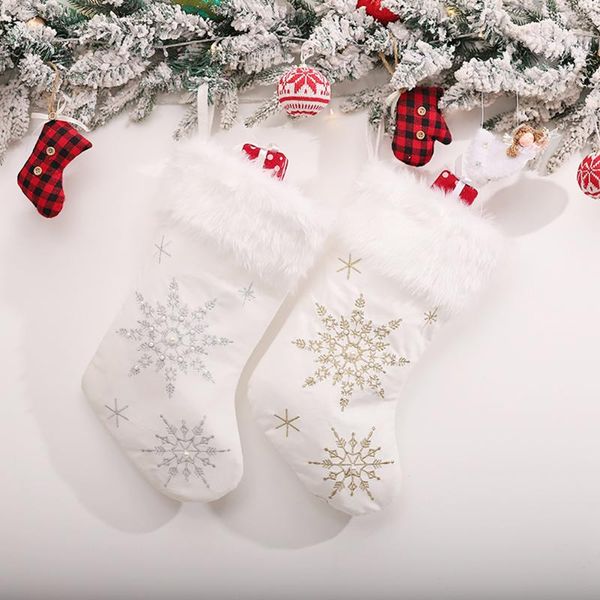 

christmas decorations stockings white stamping gold snowflake xmas ornaments pendant tree plush candy socks