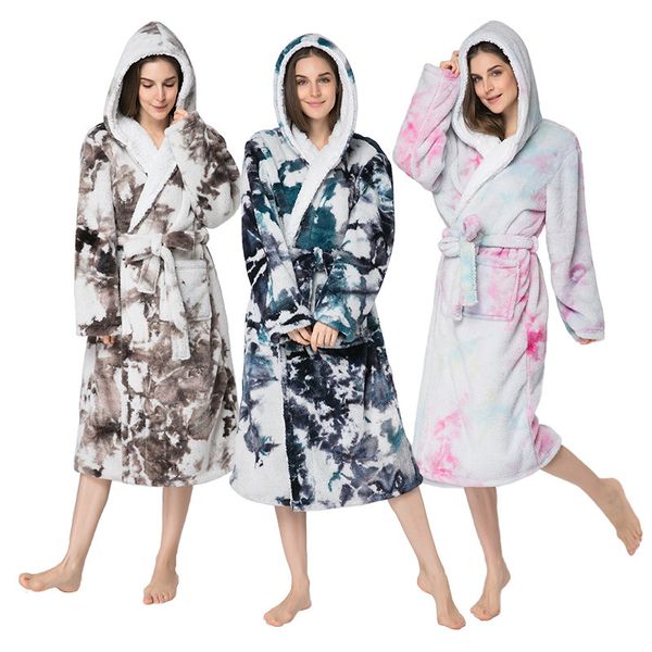 

women's sleepwear robe style double-sided bathrobe tie dye printed flannel housewear warm, Black;red