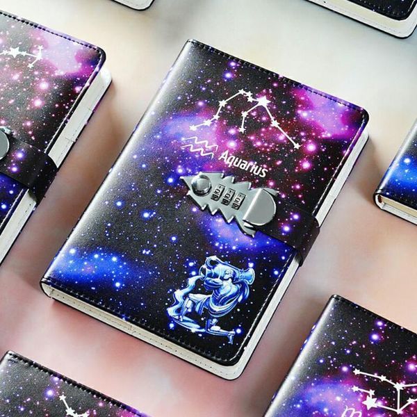 

notepads twelve constellations notebook with lock diary journal a5 office notepad line agenda planner magic note book sketchbook plan pen, Purple;pink