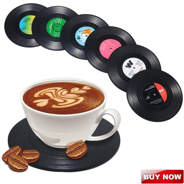 

mats & pads 6pcs record cup mat black retro plastic heat-resistant non-slip drink mug table decoration home decor