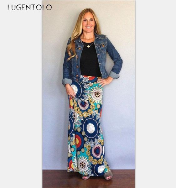 

lugentolo women skirt casual spring summer exotic print 12 patterns loose big swing plus size fashion flower maxi skirts, Black