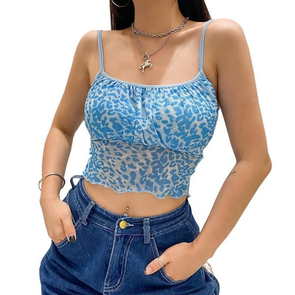 

women's tanks & camis ruched see through mesh y2k for women leopard printed sleeveless cropped clubwear summer camisole, White