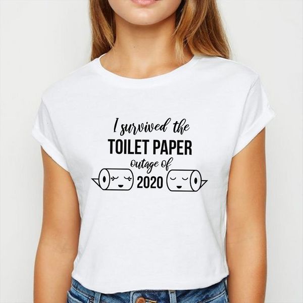 

i survived the toilet paper womens outage of kawaii summer women fashion o collar shirts, White