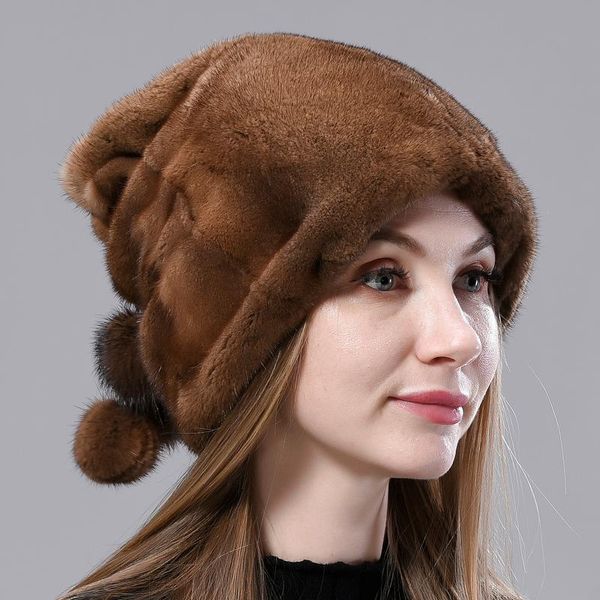 

berets fur hat women natural mink luxury winter stylish ball snow cap elegant female thick warm hats, Blue;gray