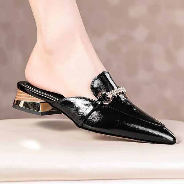 

brand summer women black pointed slippers women's shoes genuine leather sandals mules