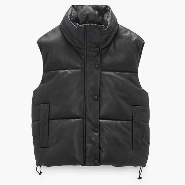 

women's vests zaaho 2021 autumn winter women black faux leather vest coat chic zipper sleeveless waistcoats female casual warm outwear, Black;white