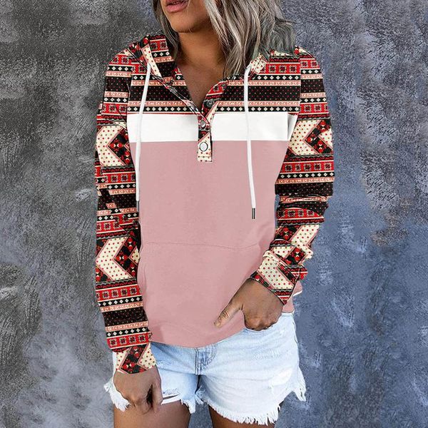 

women's hoodies & sweatshirts women autumn casual color block long sleeve drawstring pullover female patchwork hooded with pocket, Black
