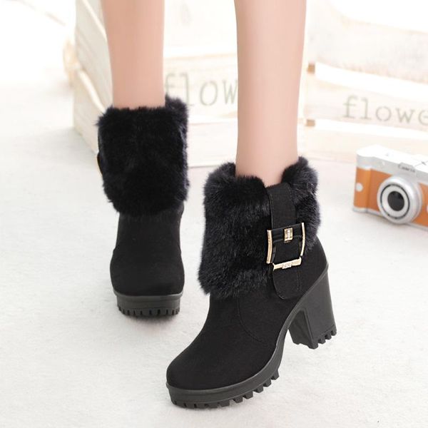 

dress shoes 2021 winter high-heeled round toe thick-heeled boots with velvet warmth and hairy mouth women short, Black