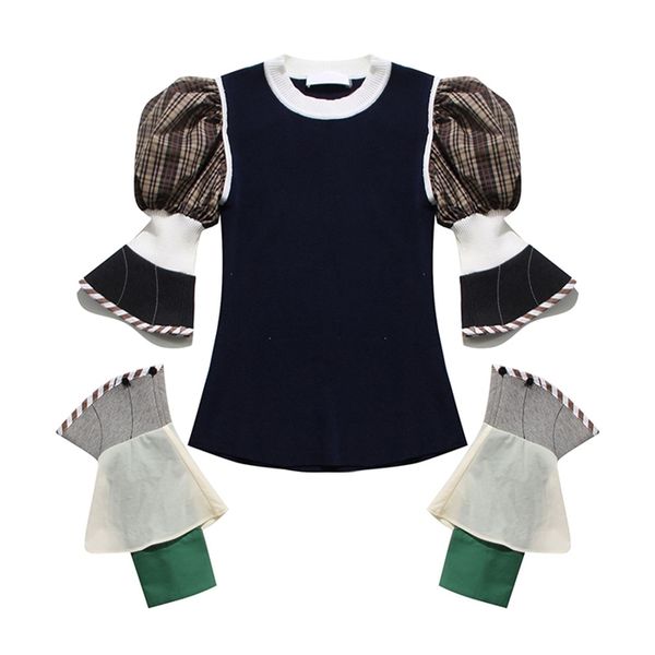 

vgh casual patchwork plaid knitted female puff sleeve removable long sleeves sweater women fashion clothes 2021 autumn new, White;black