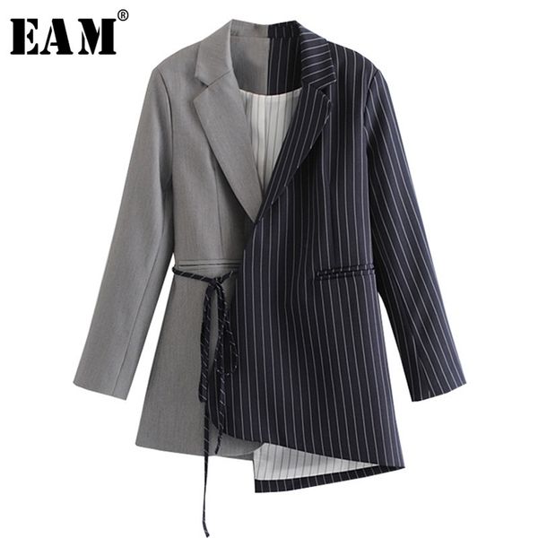 

[eam] loose fit black striped split joint bandage jacket lapel long sleeve women coat fashion spring autumn jz065 210922, Black;brown