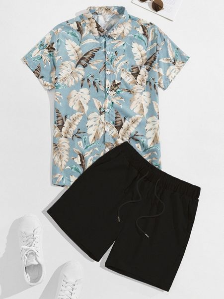

men allover leaf print shirt & drawstring shorts c1v7#, Gray