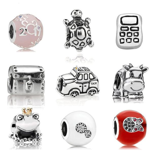 Memnon Jewelry 925 Sterling Silber Schatztruhe Charms Handyanhänger Kuh Schildkröte Perlen London Taxi Gelbe Emaille Perle passend für Pandora-Armbänder zum Selbermachen