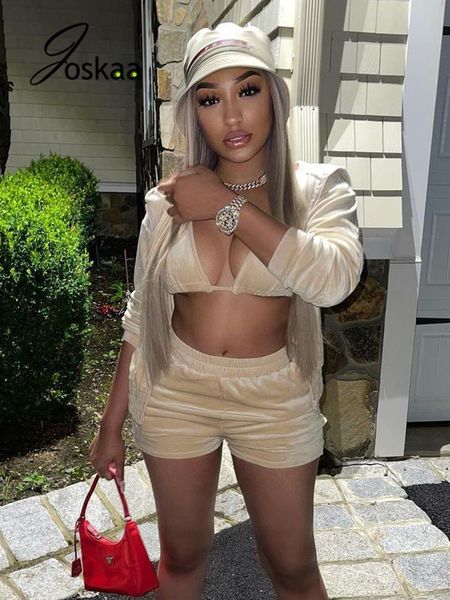 

women's tracksuits joskaa casual velet 3 piece set women long sleeve zipper hooded coat+bra+joggers shorts matching autumn 2021 fitness, Gray