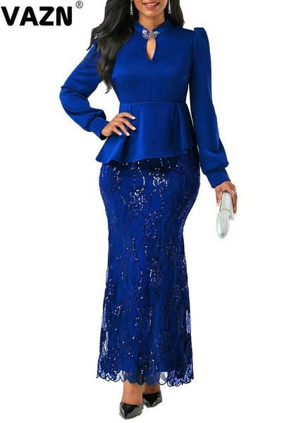 

2021vazn new chic 2021 spring 3 colors long full sleeve ruffles ankle-length trumpet lady special party dress, Black;gray