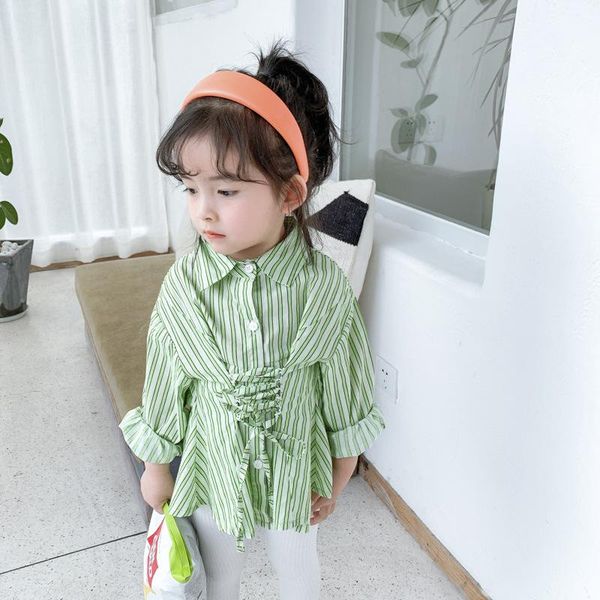 

shirts wlg girls fashion long style blouses kids pring green yellow striped turn down collar shirt with belt baby girl clothes 1-6t, White;black