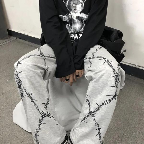 

women's pants & capris 2021ins harajuku retro dark personality printed casual straight loose high waist wide leg y2k, Black;white