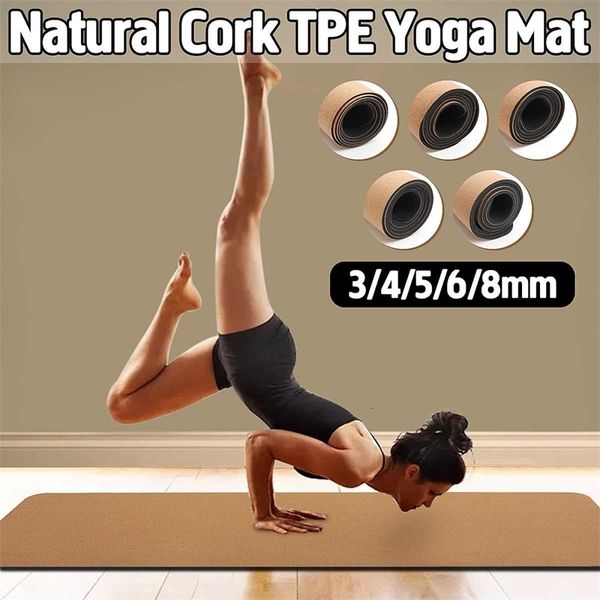 

4/5/6/8 mm natural cork tpe yoga mat non-slip fitness gym exercise sports absorb sweat pilates pads 183x61cm mats