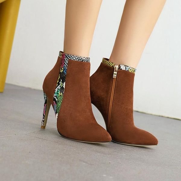 

boots autumn winter booties stiletto thin high heels pointed toe flock zipper ankle womens bota feminina big size 49 1651, Black