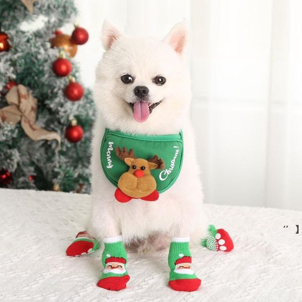 NUOVOAbbigliamento per cani Calzini natalizi per animali domestici Cani di piccola taglia Gatti Calzini lavorati a maglia Autunno e inverno Scarpa per cani elastica calda Babbo Natale Motivo alce LLD12077