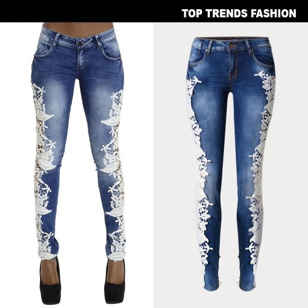 

wind splicing lace women's jeans pants pencil leggings, Blue