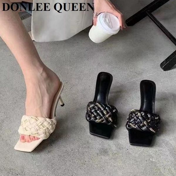 

slippers brand chain weave fashion thick high heels square toe gladiator sandal outdoor slides ladies mule shoes summer footwear aar9, Black