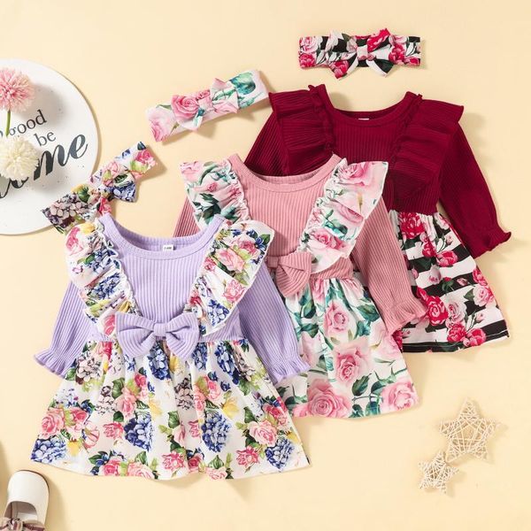 

girl's dresses 2 pcs born flower print outfits baby girl clothes ruffled ribbed long sleeve round neck dress + bowknot headband autumn, Red;yellow