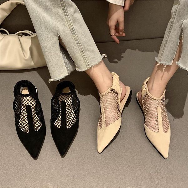 

sandals women female flats pointed toe hollow back strap elastic band black apricot mesh elegant beach ladies shoes 2021