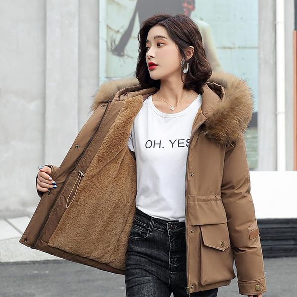 

women's down & parkas ladies casual hooded parka coat short cotton liner solid color winter jacket women 2021 big pocket with fur colla, Black