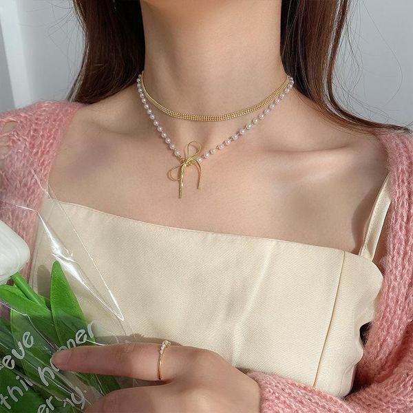 

chains women's neck chain 2021 fashion trend double layered bowknot pearl light luxury clavicle jewelry ladies necklace gift, Silver