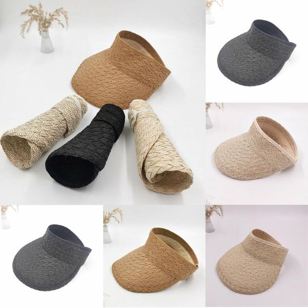 

wide brim hats ladies summer weave straw empty beach cap clip-on solid color large uv protection breathable sun visor hat 11, Blue;gray