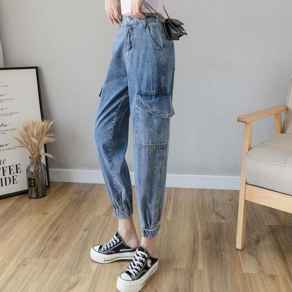 

women's jeans woman pants cargo 2021 loose waist trimming handsome high straight pantalones vaqueros mujer, Blue