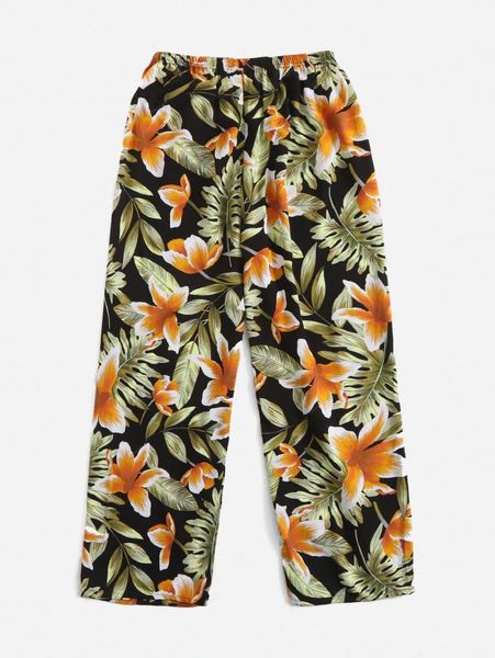 

1pc tropical print wide leg pants s0lc#, Black;white