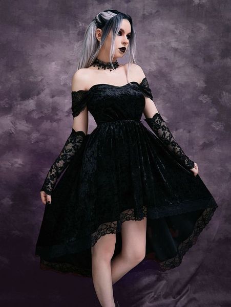 

off shoulder contrast lace high low hem velvet dress without gloves she, Black;gray