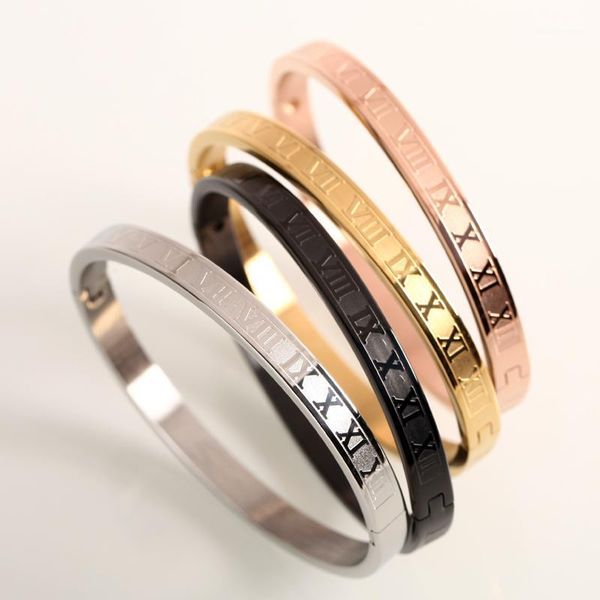

mcllroy men bangle stainless steel rose gold color bracelet carving roman numeral classic jewelry 3281, Black