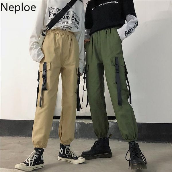 

women's pants & capris neploe harajuku women spring 2021 arrival korean pockets stretch waist trousers casual beam feet couple 80627, Black;white