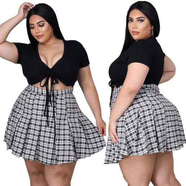 

plus size tracksuits women's outfits 4xl 5xl fashion v collar drawstring t-shirt plaid pleated skirt two piece suit wholesale drop, Black