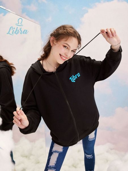 

romwe x jena998 starsalign libra letter zip up drawstring hoodie 48gl#, White;black