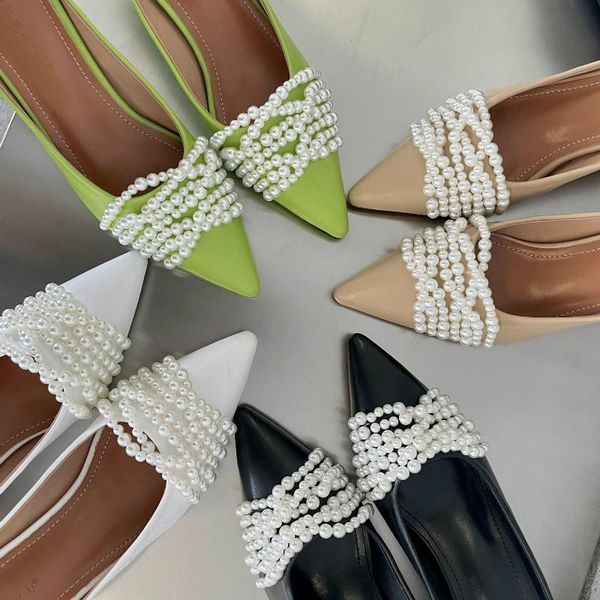 

luxury pearl kitten heel mules slippers women pointed toe slides sandals solid casual shoes, Black