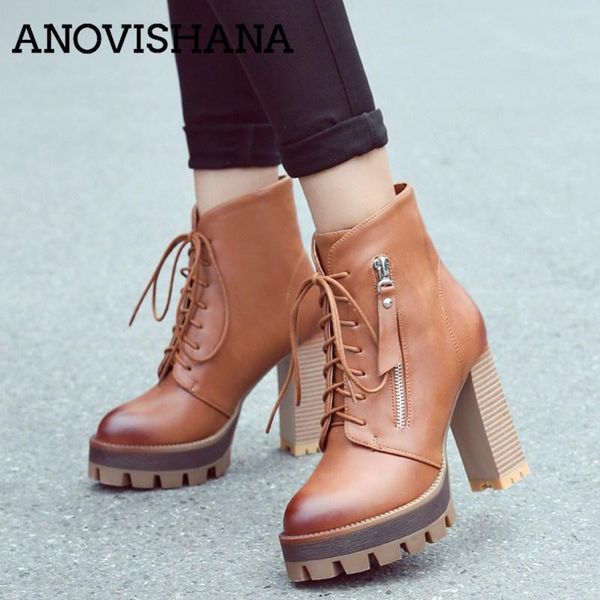 

boots anovishana2021 lace up western style women platform pu autumn shoes thick high heel winter lady ankle 42 a901h, Black
