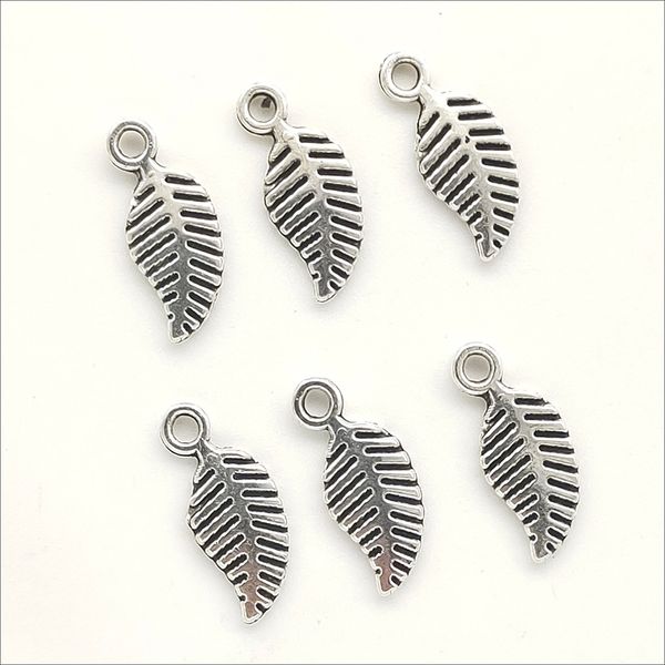 Lotto 300 pezzi Mini foglie pendenti con ciondoli in argento tibetano per gioielli che fanno orecchino collana braccialetto accessori catena chiave 15 * 6mm DH0766