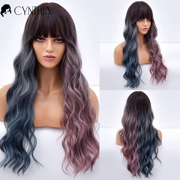 

cyan grey purple long wave ombre synthetic wigs with bangs for women daily natural female cosplay wavy heat resistant fiber wigs, Black