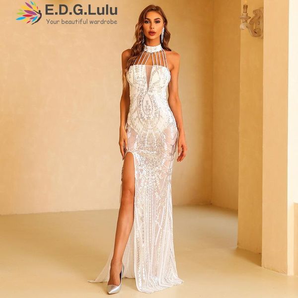 

casual dresses edglulu women elegant wedding party mesh patchwork sequins hollow out split white long dress vestidos 1108, Black;gray