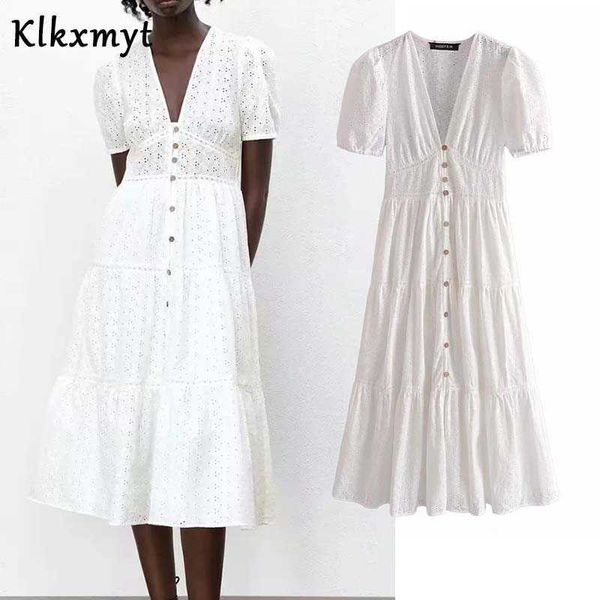 Klkxmyt za vestido mulheres verão branco oco out bordado algodão v neck midi vestidos de mulher casual button-up festa vestidos 210527