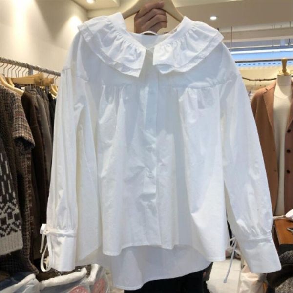 

spring autumn women's blouse korean style solid color doll collar long sleeve loose casual all-match female ll259 210506, White