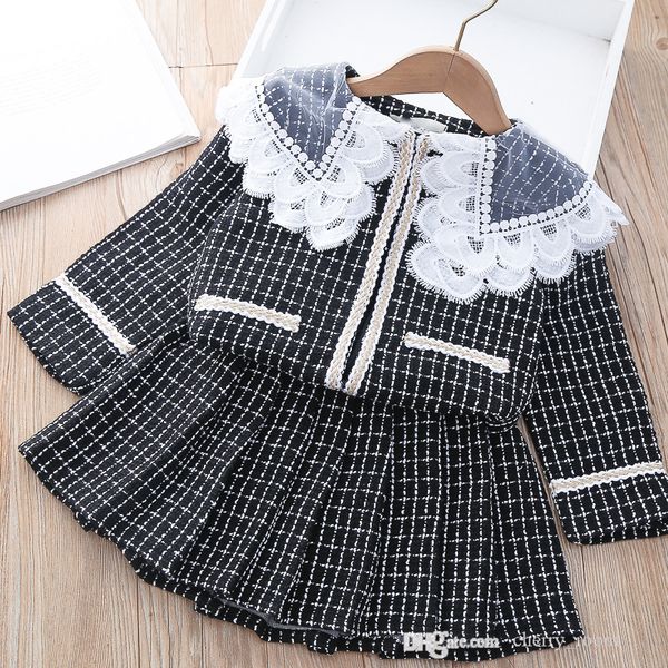 

toddler designer clothing sets baby girls plaid princess outfits autumn fashion kids lace long sleeve outwear + houndstooth pleated mini ski, White