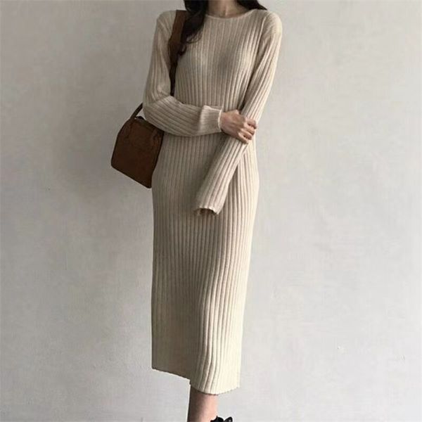 Robe Ete Femme Herbst Winter Pullover Kleid Frauen Strickwaren Langarm Solide Koreanische Casual Stricken Vestidos 210514