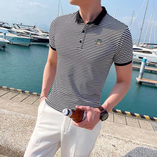 

holiday style summer short sleeve striped shirts men clothing 2021 simple slim fit embroidery casual tee shirt homme 3xl-m men's polos, White;black