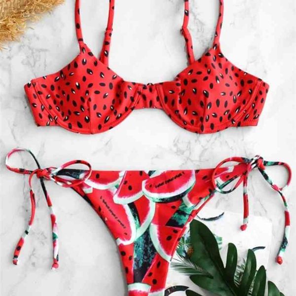 Para Praia Seksi Brezilyalı Bikini Set Mayo Beyaz Kadın Mayo Mayo Karpuz Baskı Biquini 210629