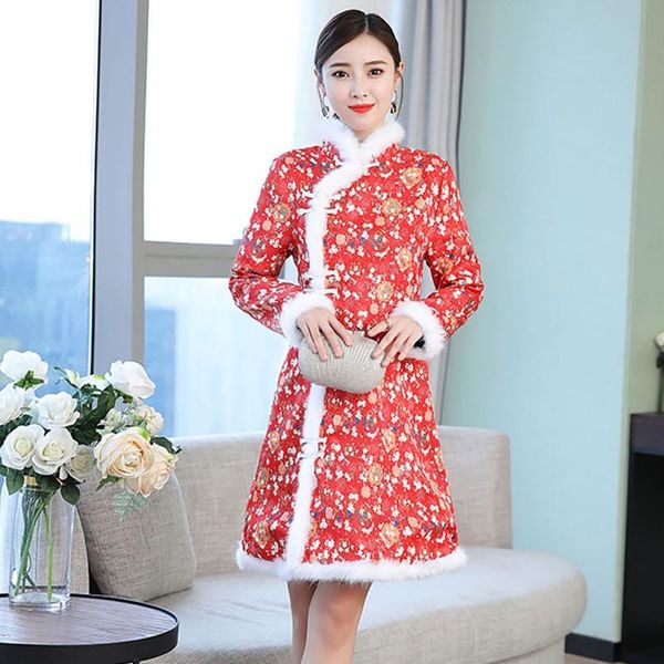 

winter lady a-line dress fashion chinese style print female stand collar long sleeve knee length casual dresses, Black;gray