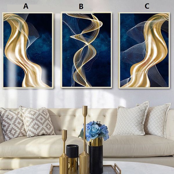 

unframed decoration abstract painting gold blue line modern wall art poster